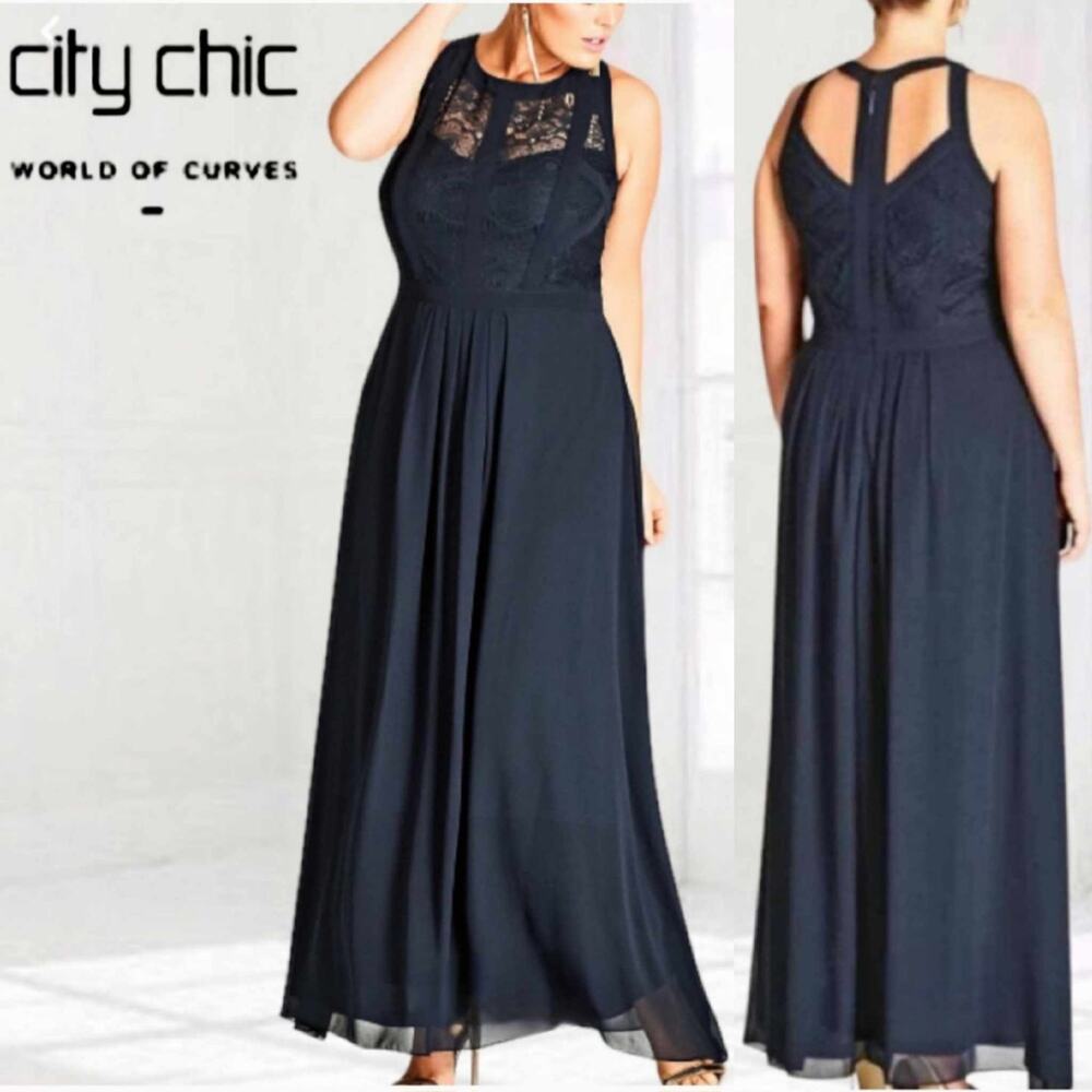 City Chic Panelled Bodice Maxi Dress in French Navy